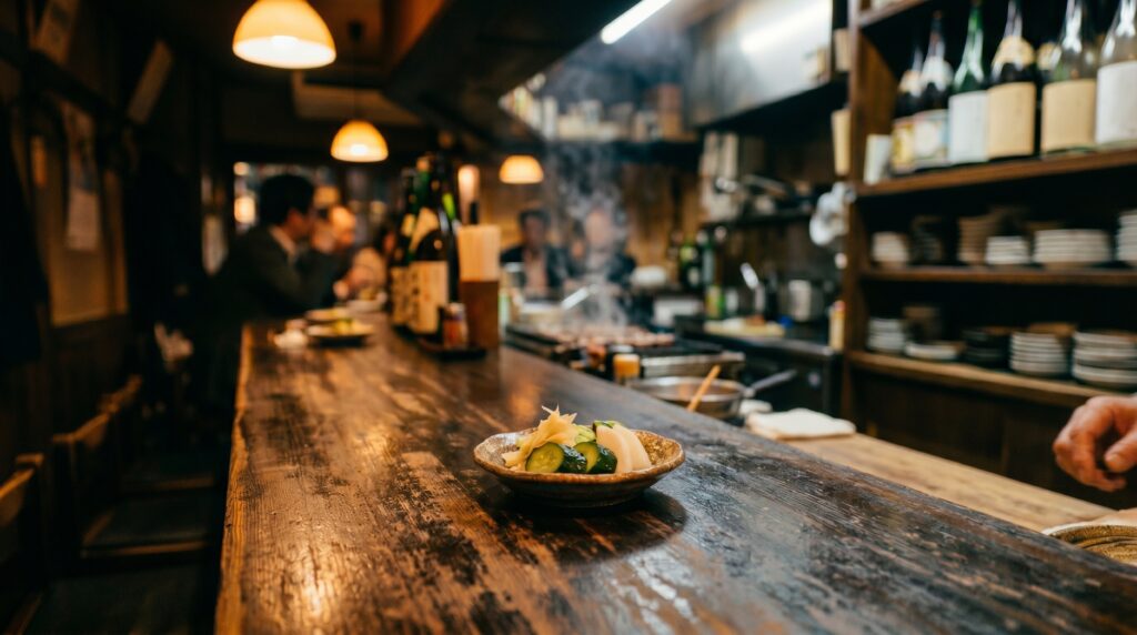 A narrow izakaya counter at night. A small dish sits in front of an empty seat. The owner's hands are already moving on to the next task.