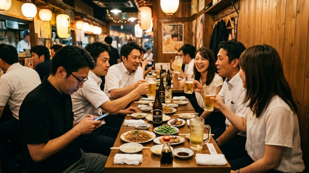 A Japanese work drinking party — everyone at the table with drinks. One person has ordered exactly what they wanted. Everyone has noticed. Nobody will say anything.