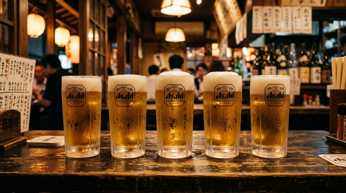 Five draft beers lined up on an izakaya table, just poured, still cold. The glasses are identical. Nobody has touched them yet. Warm amber light.