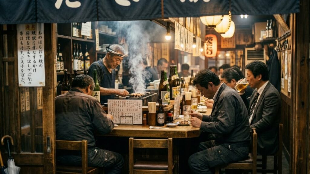 middle-aged men in work clothes sit at an izakaya counter. They face forward, not speaking. The owner stands behind the counter, focused on the grill. Warm light, smoke in the air.
