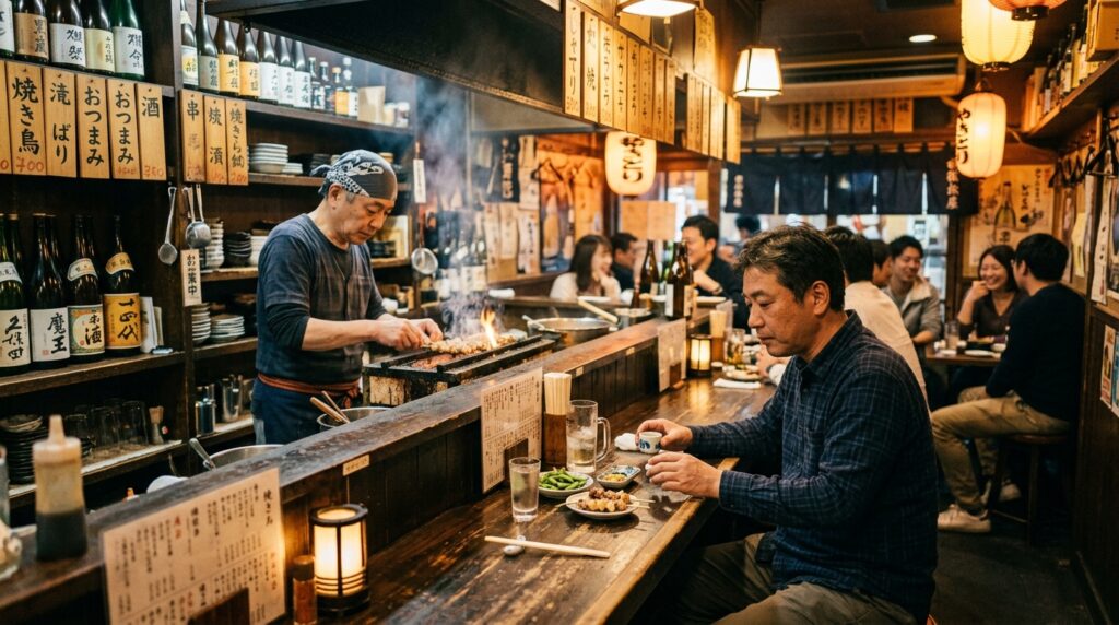 An izakaya interior from the counter — the owner moving in the background, other customers at a comfortable distance, charcoal smoke faintly rising. Nobody requires anything from the man in the foreground.