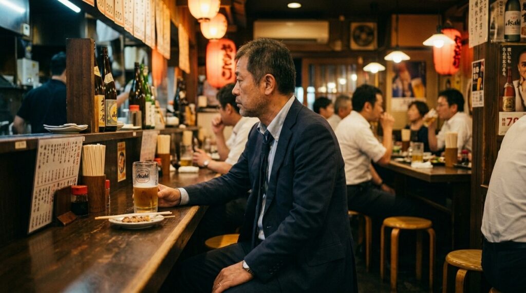 A man at an izakaya counter, jacket still on from work, beer and a small dish in front of him. He faces forward. Not reading, not checking his phone. Just there. The day's weight visible in his posture.