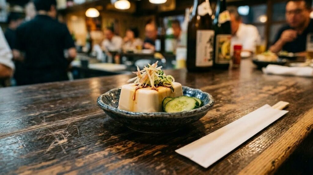 A small ceramic dish of otoshi — cold tofu with ginger and pickled cucumber — on a dark wooden counter. Chopsticks still in their paper sleeve.
