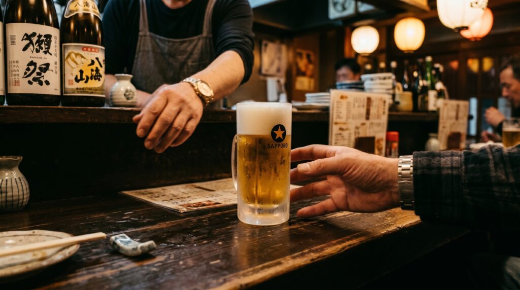 A single glass of draft beer on a wooden counter, just poured by the owner. The glass is cold, slightly frosted. One man's hand reaches for it. Nobody else at the counter.