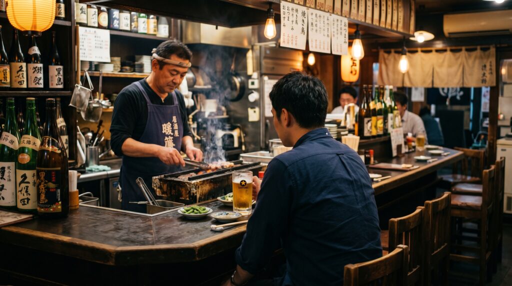 A single man at an izakaya counter, seen from behind. He sits upright, a glass of beer in front of him, facing the owner who is working quietly. The counter is half-empty. Warm light. Late evening.
