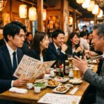 A Japanese izakaya table from above. Several men in work clothes, menus open. One younger man sits slightly back, watching the others before he decides. Warm light, crowded table.