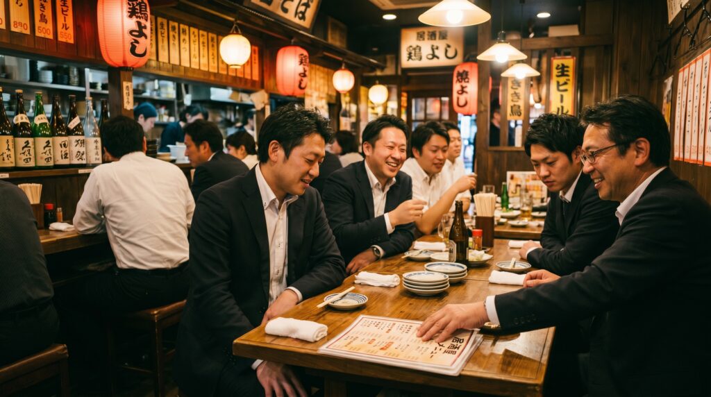 A young Japanese man at a group table, seated slightly back from the others, watching the senior member reach for the menu before he moves. He is performing enryo perfectly.