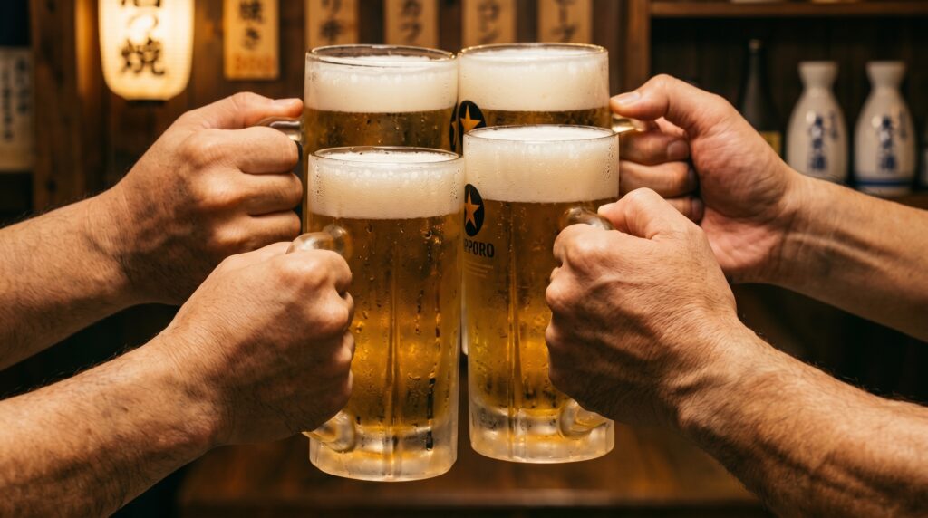 Four glasses of beer raised mid-kanpai around an izakaya table. The glasses are touching at the tops. Faces are slightly blurred. The moment just before everyone drinks. Warm light.