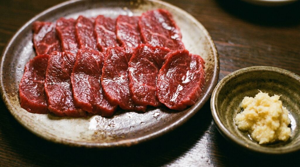 Basashi: Raw Horsemeat, and Why a Place That Does It Right Doesn't Explain It 2 A close-up of basashi slices — the deep red color, the clean cut, the slight sheen of the cold meat. Ginger beside it. The presentation is simple. The quality is in the meat itself.