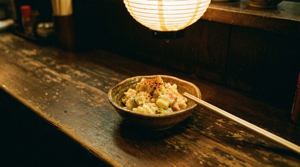 Potato Salad: The Dish Every Izakaya Makes Differently 2 izakaya potato salad — chunky with visible potato pieces and a darker mix. The difference is obvious. Both are correct, in their own way.