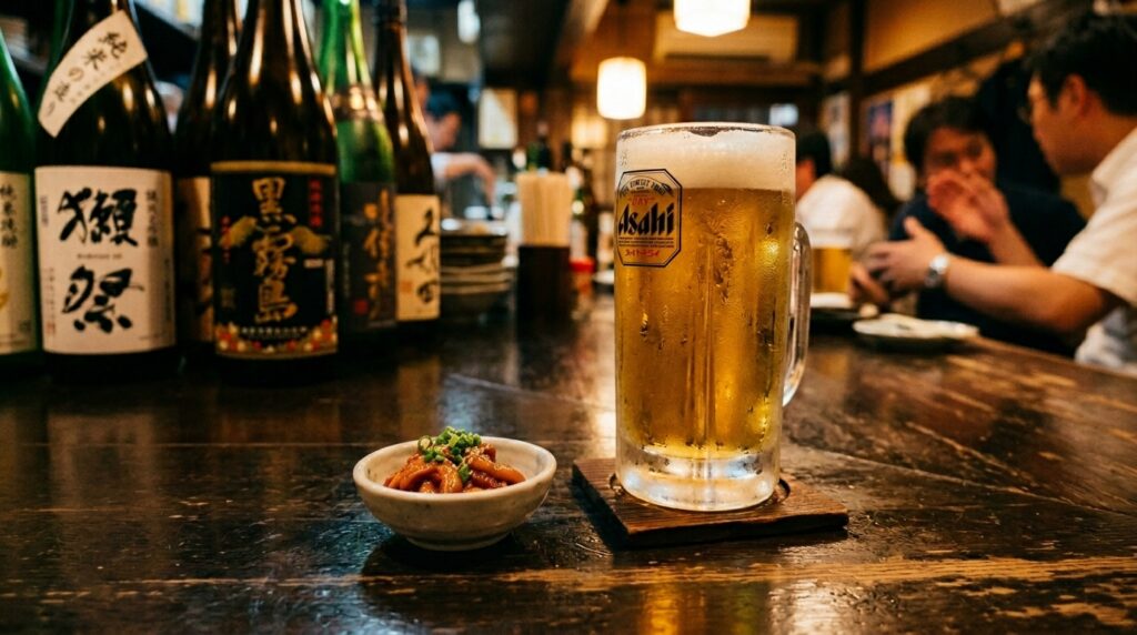 A small dish of chanja beside a glass of cold beer on an izakaya counter. The chanja is deep orange-red. The beer is very cold. These two things belong together in a way that resists explanation.