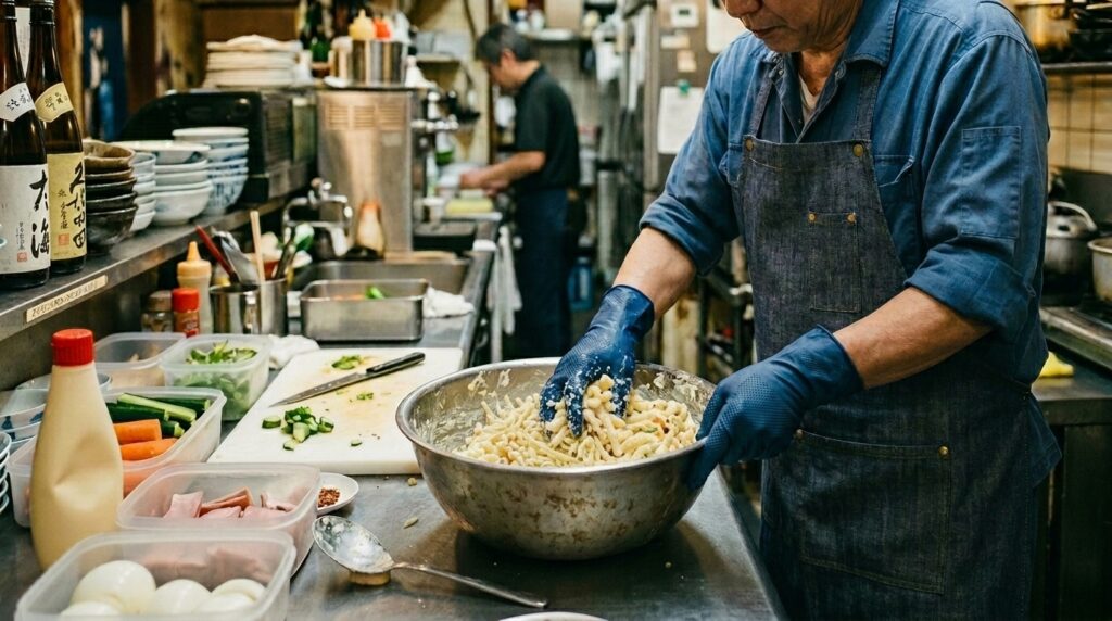 A cook in a small izakaya kitchen, making macaroni salad by hand in the afternoon before opening. A bowl of macaroni, Japanese mayonnaise, ham, cucumber. Nobody will notice this effort. That's why it matters.