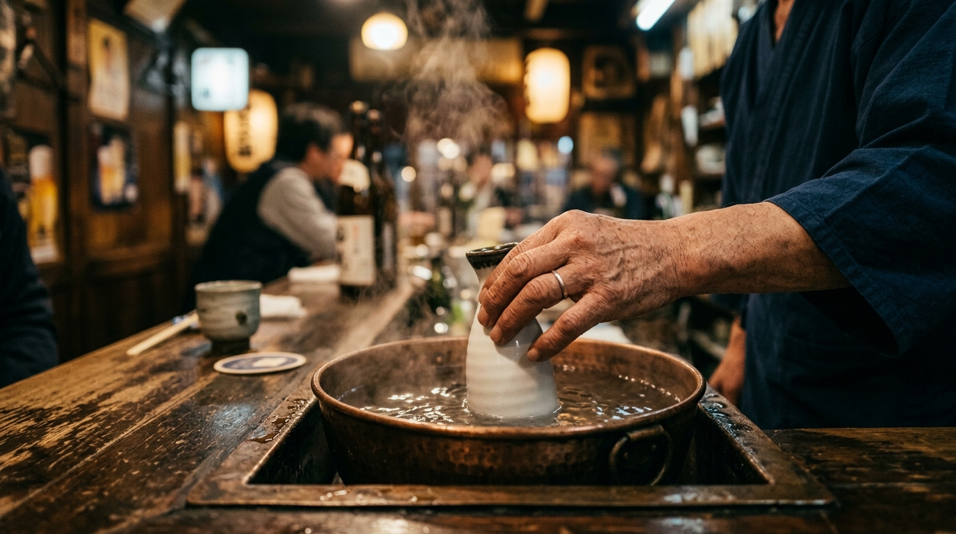 A small white ceramic tokkuri (sake flask) sitting in a bowl of hot water on an izakaya counter, gently warming. Steam rises. A small ceramic cup beside it. Winter evening light.