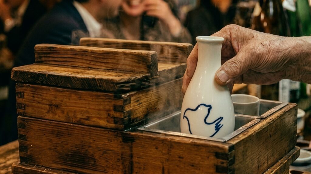An izakaya owner carefully warming sake in a tokkuri — a small ceramic flask resting in hot water. The focus is complete. This is not a passive act.