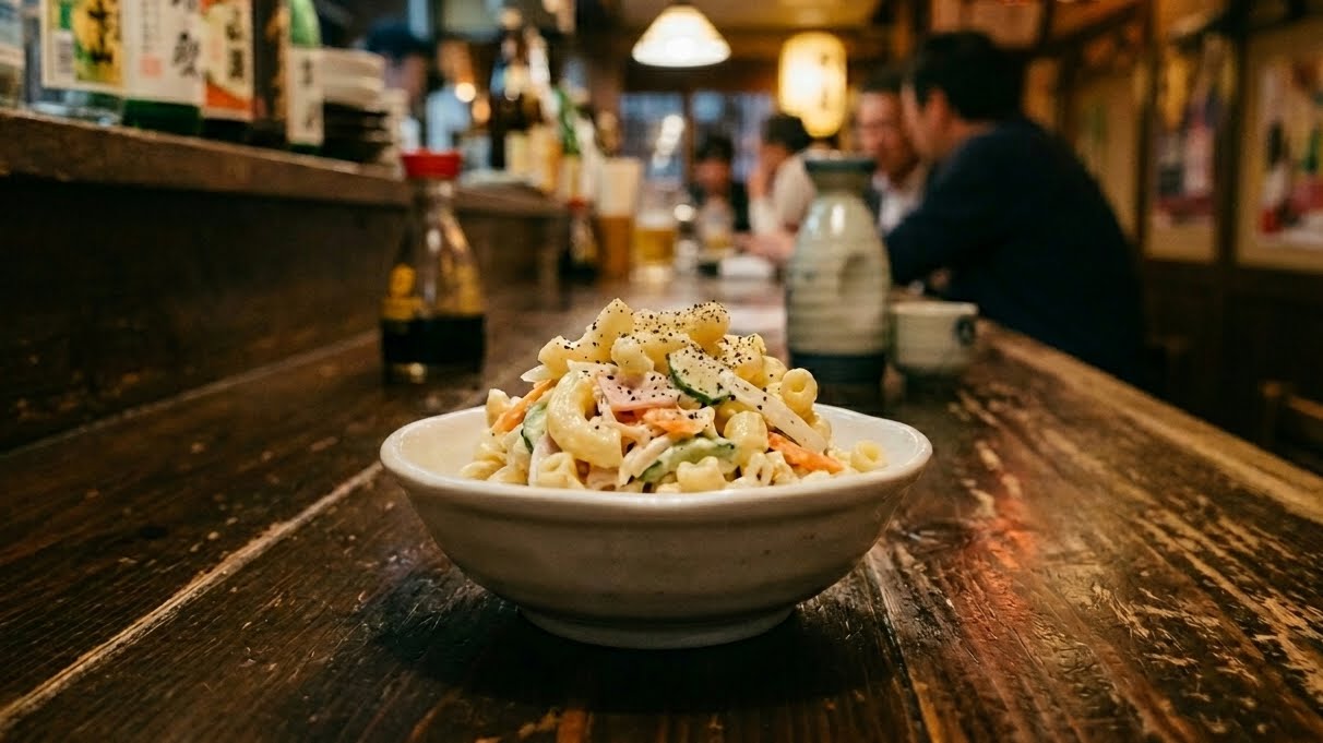 A small dish of Japanese-style macaroni salad in a plain white ceramic bowl on a dark izakaya counter. Simple, unpretentious. A toothpick rests on the rim. Warm ambient light.