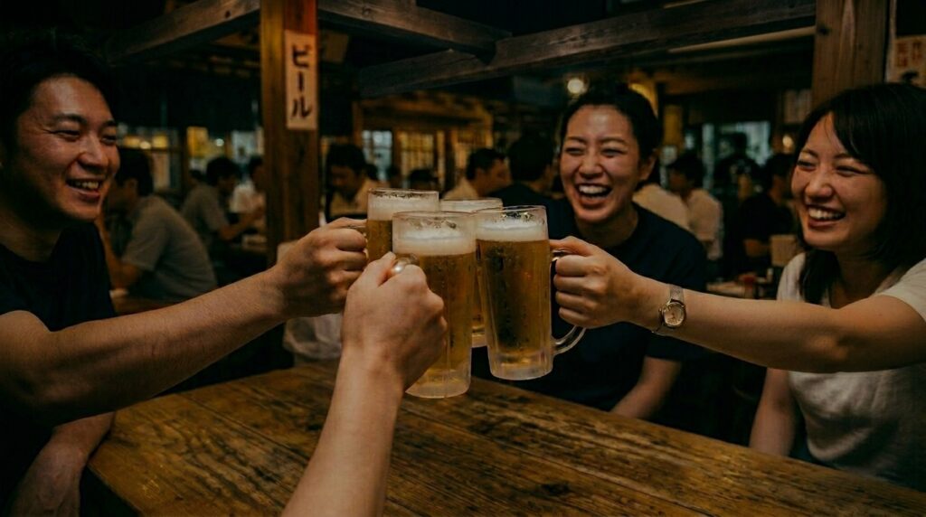 The glasses raised, the moment of kanpai. Everyone at the table is doing the same thing at the same time. For a moment, the day is paused. The evening begins now.