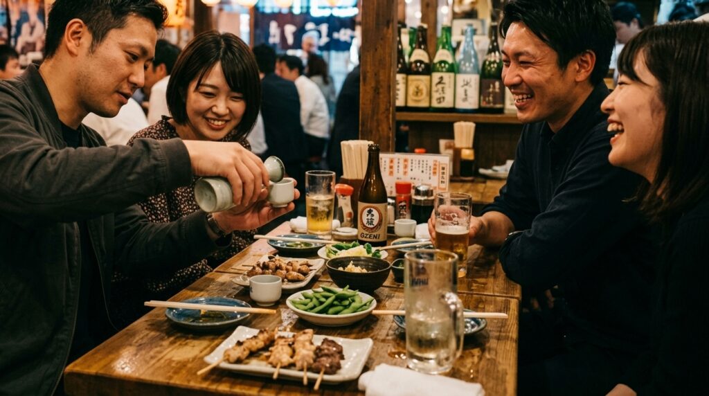 Four at an izakaya table, mid-evening. The newcomer — the one transferred from overseas — is now the one watching the glasses. He's learned.