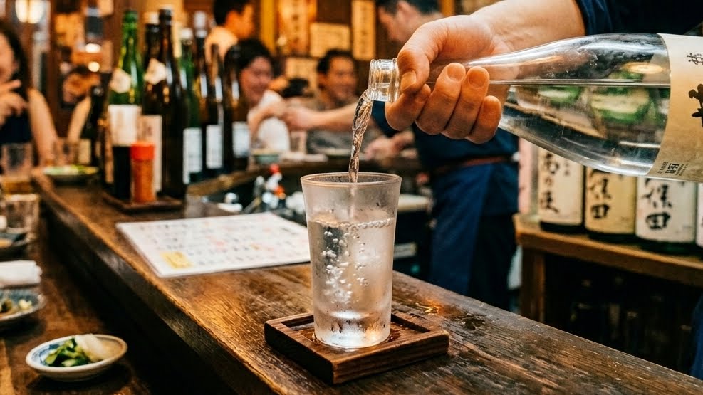 A glass of cold sake — chilled, slightly frosted — on an izakaya counter in summer. Clear, precise. You taste the rice, the fermentation, the particular character of the brewery.