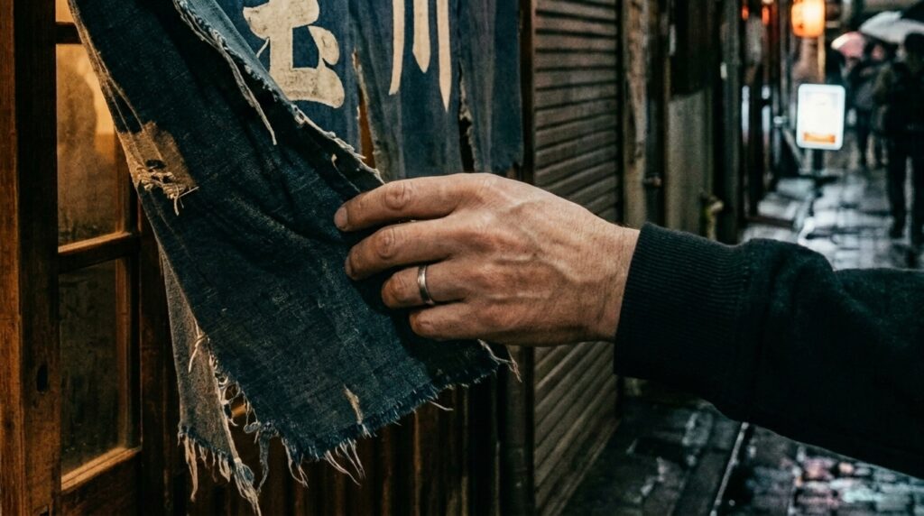 A hand parting a well-worn noren at the entrance of an old izakaya. The fabric is faded at the edges — evidence of years of hands doing exactly this. Warm light just visible inside.