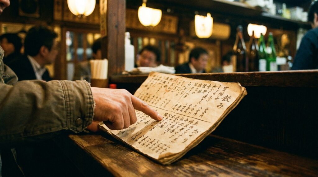 A hand pointing at an item on a Japanese text-only izakaya menu — black text, no photos. The pointing is confident. This person has already decided to trust the place.