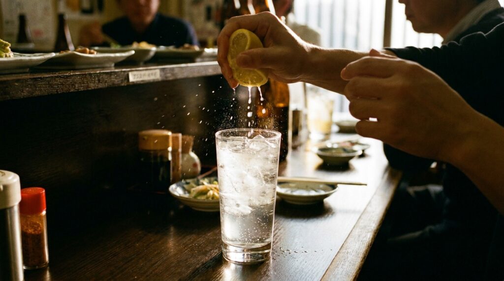 Lemon Sour: Japan's Default Drink, and What That Means 2 Hands squeezing a fresh lemon half into a glass at an izakaya counter — the juice catching the light, ice below, soda already poured. This is being made properly.