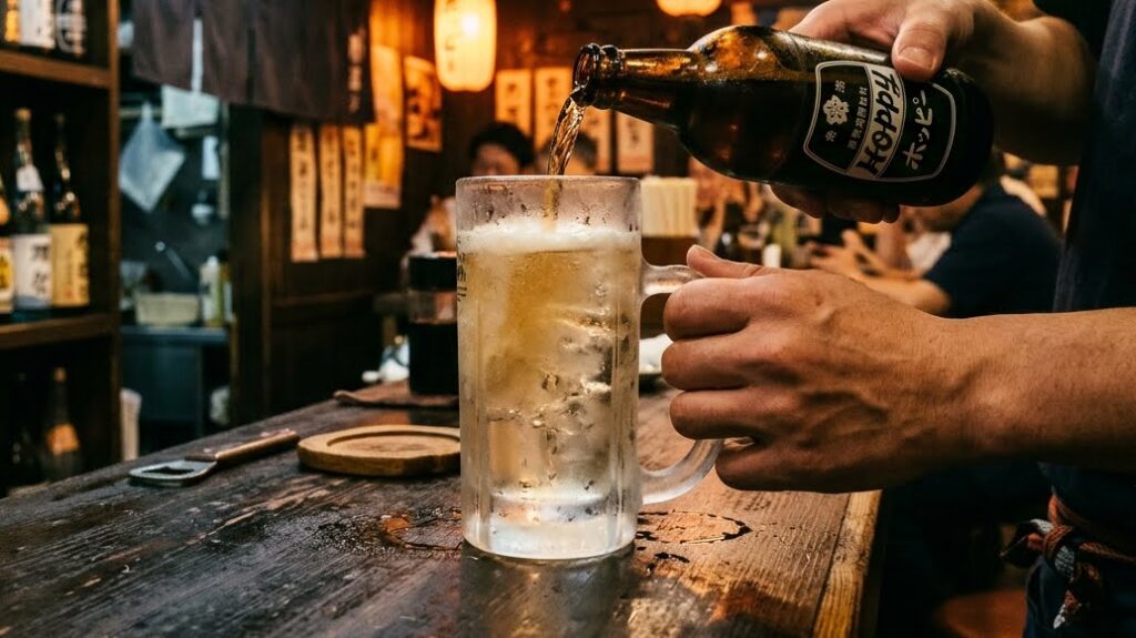 Hoppy: The Drink That Tests Whether a Place Knows What It's Doing 3 A Hoppy being assembled correctly — shochu first in a frosted mug, then Hoppy poured carefully over it. The mug is frosted white. The ratio is right. This is being done properly.
