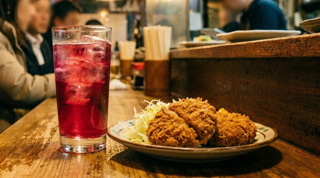 A worn izakaya counter at night — a glass of bai sour beside a plate of fried food. The pink-red color of the drink against the brown of the fried food. The pairing is obvious to anyone who knows.