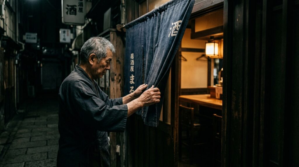 An izakaya owner's hands taking the noren in from the doorway. Late evening. The outside world has been officially closed off. Those still inside can stay a little longer.