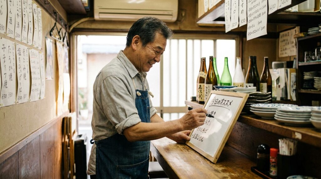 An izakaya owner writing today's specials on a small whiteboard in the afternoon before opening — quick handwriting in marker. What goes up is whatever was best at the market this morning.