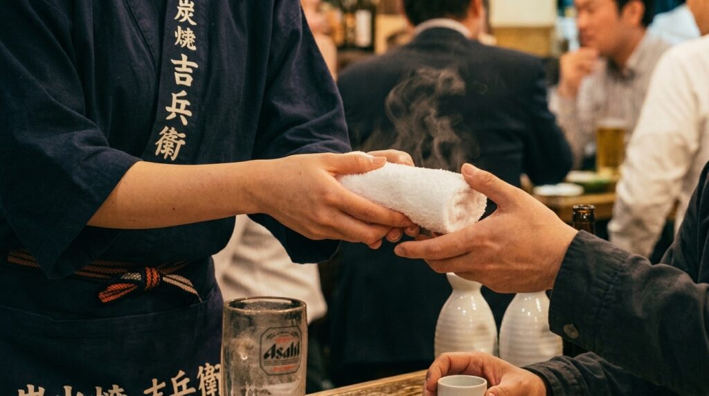 A row of tightly rolled cloth oshibori on a wooden tray, still steaming slightly — prepared before opening, before any customer has arrived. Evidence of preparation.