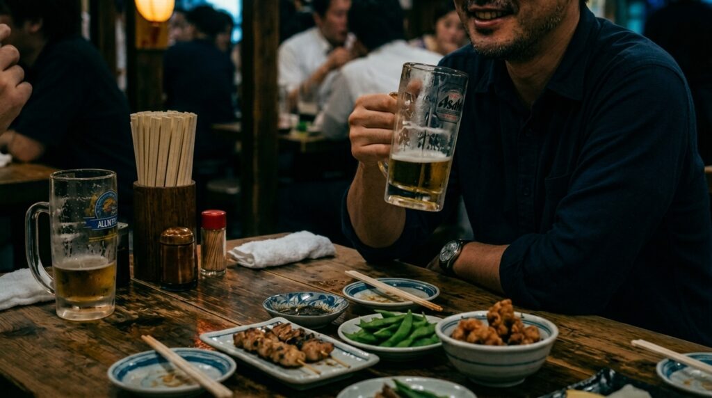The thirsty man's glass, half empty after the first sip. Nobody commented. Kanpai had happened, the rules had been observed. What came after was his own business.
