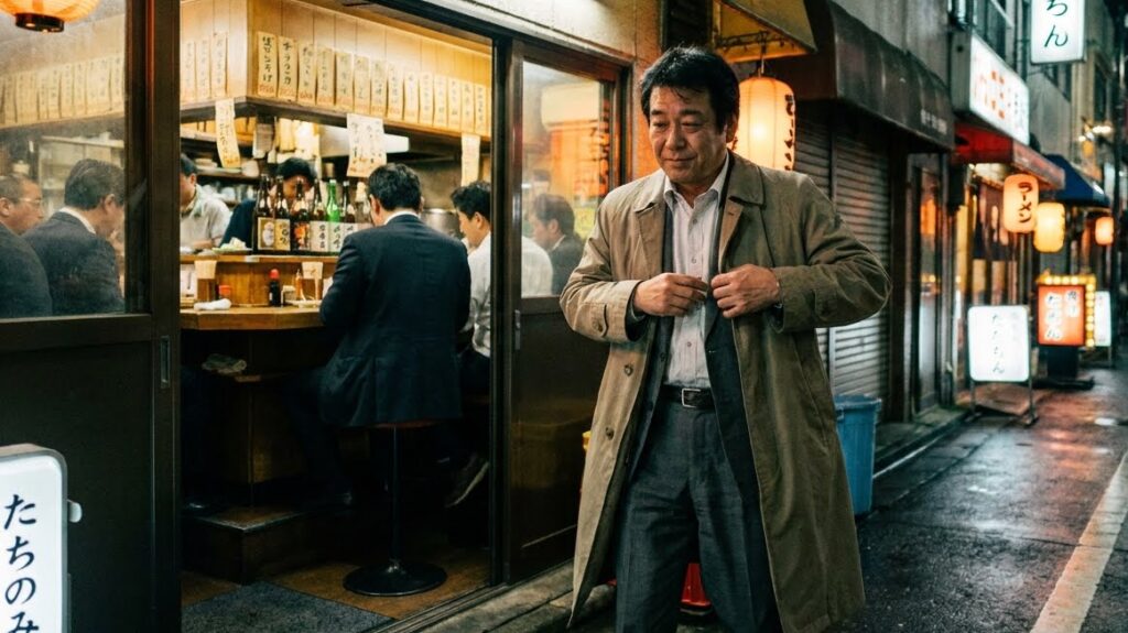 A man stepping out of a standing bar, adjusting his jacket. He arrived with the weight of the workday. He's leaving without it. One thousand yen. The day has properly ended.