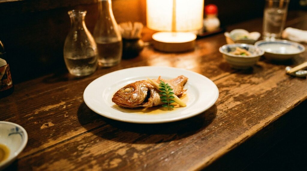 A simple dish of kinmedai — golden-eye snapper — lightly prepared on a plain white plate on a dark counter. It was not on the printed menu. It was caught that morning.