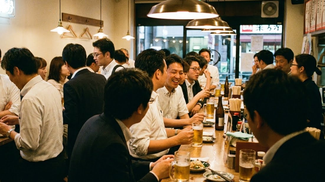 A Japanese standing bar — tachinomi — at early evening. People standing at a narrow counter along the wall, drinks in hand. The space is small, efficient, busy. Nobody is sitting. Nobody seems to mind.