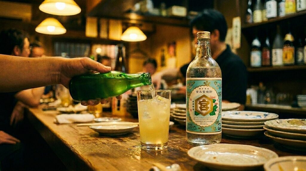 Kinmiya: The Shochu That Became the Working-Class Standard 2 A Kinmiya highball being assembled — the shochu poured first into a tall glass, then soda added, a squeeze of lemon. The glass is already cold. The process is unhurried.