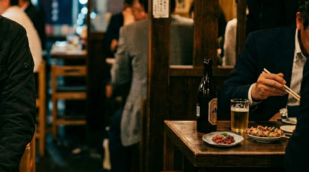 A man at an izakaya counter, his gaze moving to another customer's small dish two seats down. He recognizes it immediately. Some things you always recognize.
