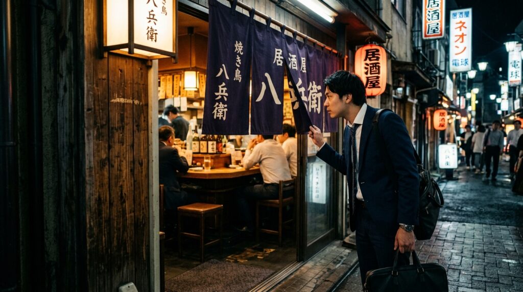A man pausing at the entrance of a small izakaya he has never entered before — looking in through the noren. A new neighborhood. The beginning of something that will take a year to settle.
