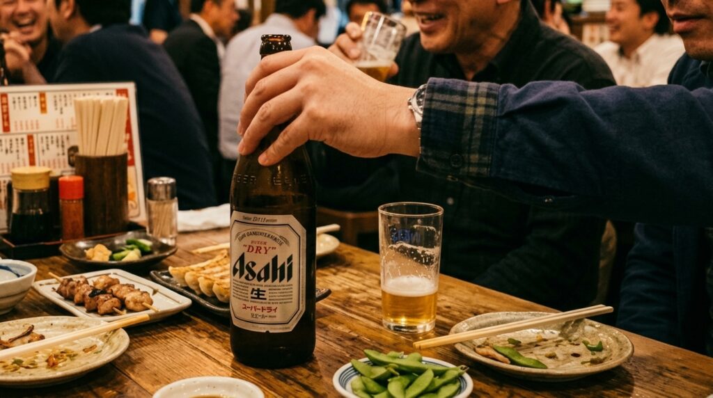 A man's hand hovering over a beer bottle, watching the glass of the person beside him — nearly empty. He's about to pour. He hasn't been asked. He noticed.