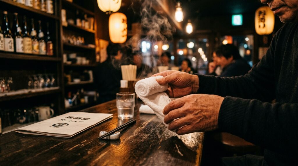 A man's hands unrolling a warm cloth oshibori at an izakaya counter. The steam is barely visible. He hasn't looked at the menu yet. This is the first thing.