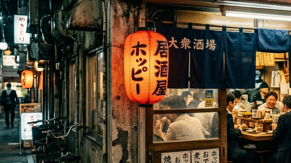 Hoppy: The Drink That Tests Whether a Place Knows What It's Doing 2 The exterior of a working-class izakaya in old shitamachi Tokyo — worn facade, Hoppy signs on the wall, narrow old street. Not trying to be anything other than what it is.