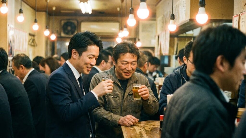 A tachinomi standing bar — a managing director and a junior colleague side by side at the same narrow counter, holding the same cheap drink. The same height. No power seat exists here.