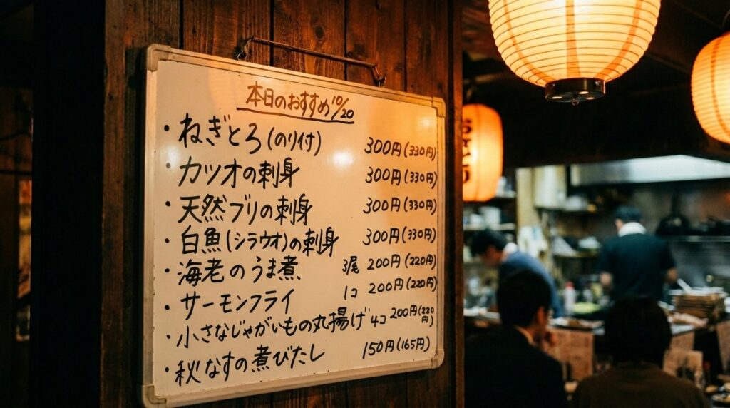 whiteboard to the wall of an izakaya — handwritten in marker, a few items listed. Today's recommendation from the kitchen.