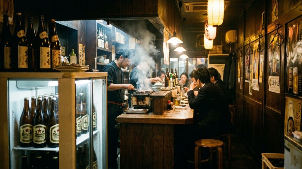 Inside a classic yakitori izakaya — smoke in the air, grill behind the counter, a row of akaboshi bottles lined up in a small refrigerator visible at the back. The place is small. It knows what it is.