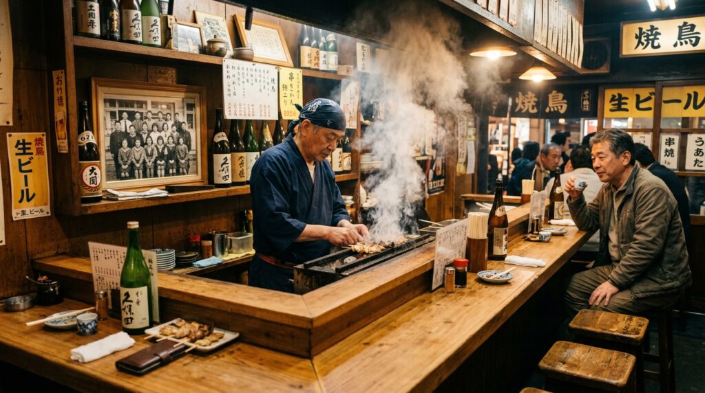 A small yakitori counter — four seats, the owner grilling behind. On the shelf behind him, a school photo is visible. A regular sits at the far end with the settled ease of someone who has been coming for years.