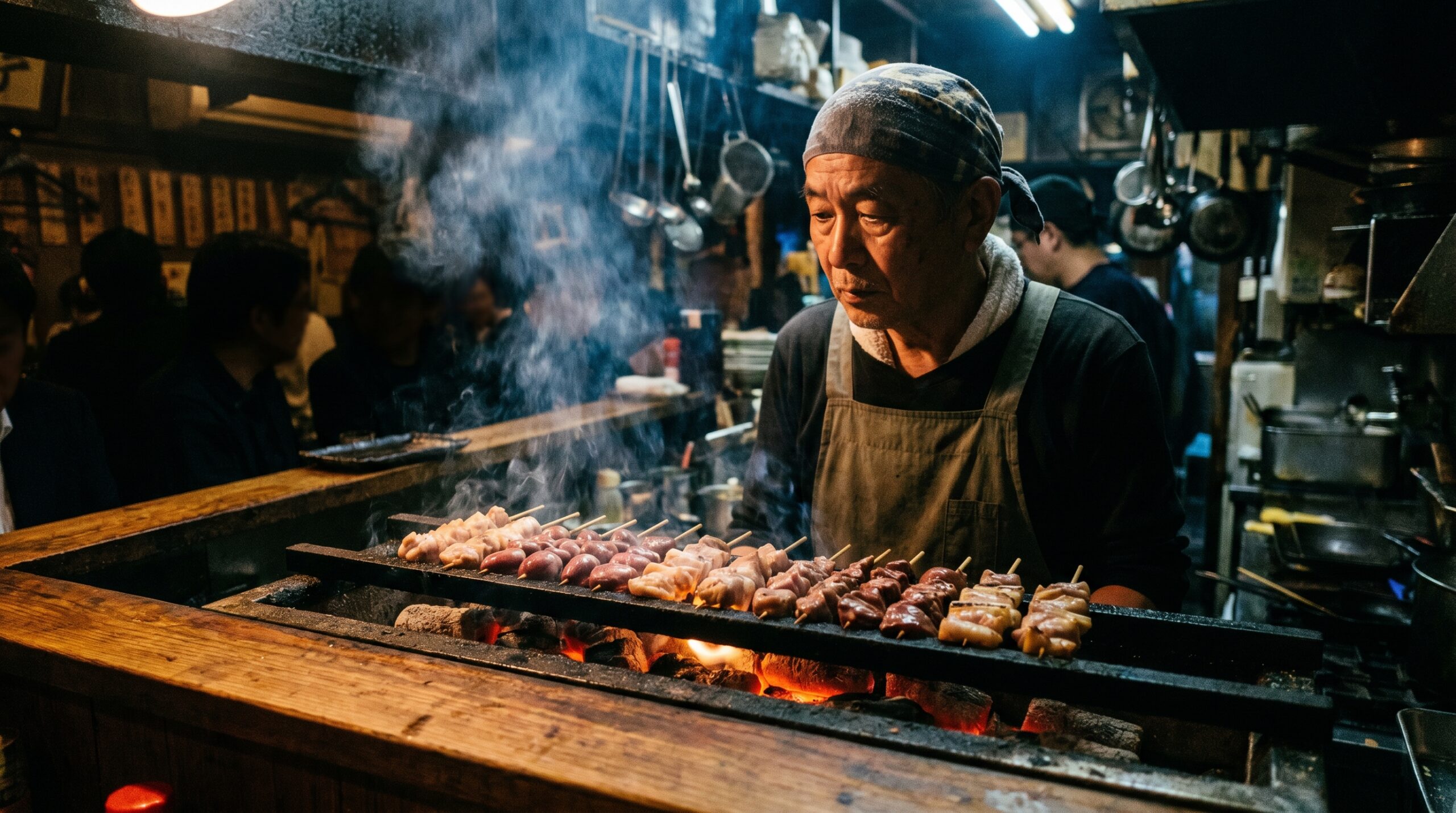 Yakitori and Yakiton: Two Different Things at the Same Counter 1 A charcoal grill behind an izakaya counter — skewers lined up over the coals, some chicken, some pork offal. The smoke rises. The owner stands behind it, watching. The light is from the coals.
