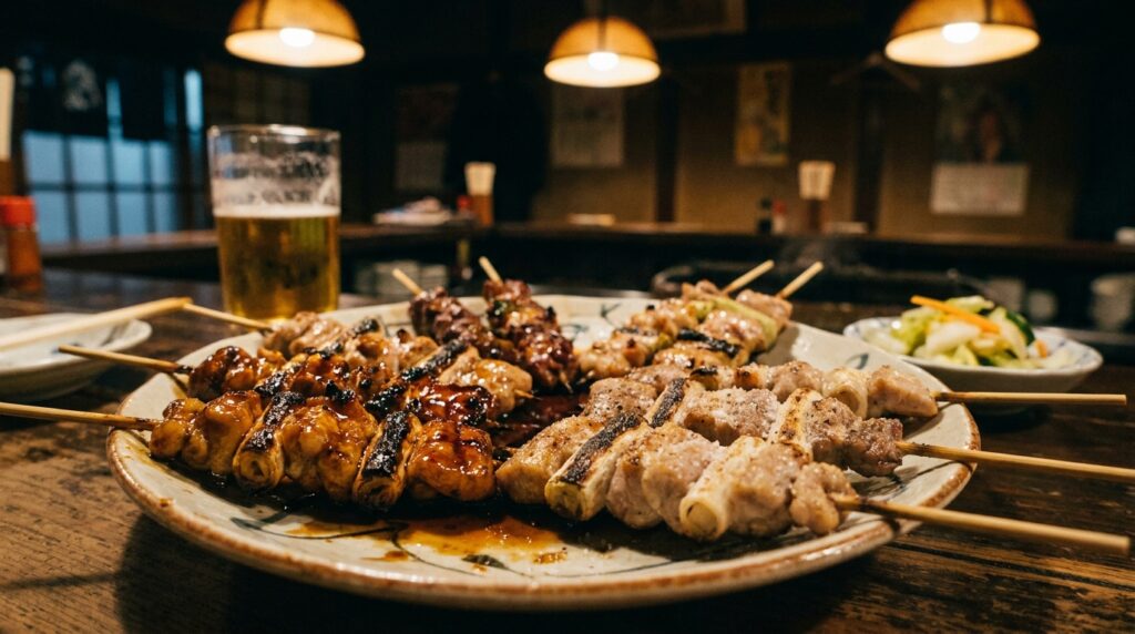 Yakitori and Yakiton: Two Different Things at the Same Counter 2 A plate of mixed yakitori and yakiton skewers — some glazed with tare, some dusted with salt. The char marks are visible. A small dish of togarashi on the side. The plate is simple.