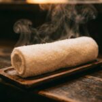 The Cloth Oshibori: Japan's Smallest Trust Signal A tightly rolled warm cloth oshibori resting in a small wooden tray on an izakaya counter. Steam rises faintly. The counter is dark wood, worn smooth. Nothing else in frame.