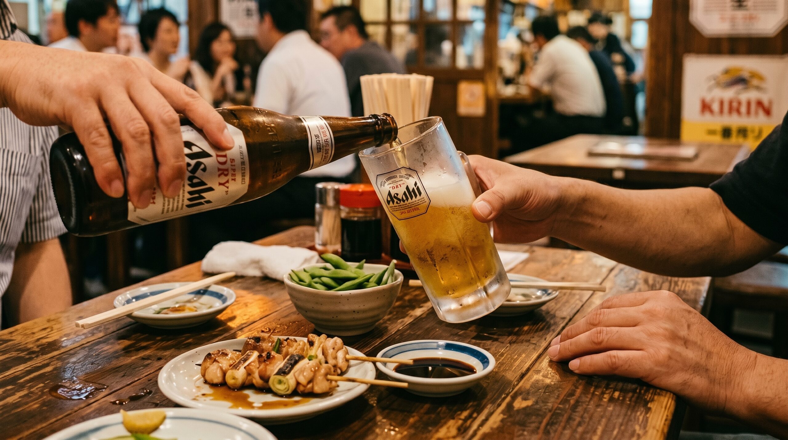 One man's hand carefully pouring beer from a bottle into another man's glass at an izakaya table. The pour is attentive, slightly tilted to minimize foam. The receiver's hand rests lightly on the table.
