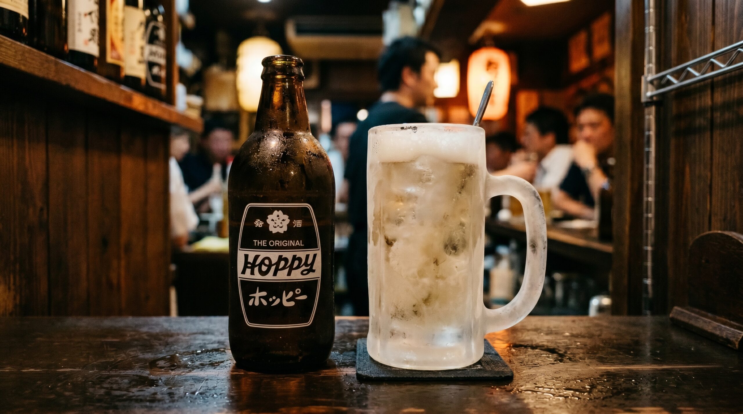 Hoppy: The Drink That Tests Whether a Place Knows What It's Doing 1 A frosty Hoppy bottle beside a frozen mug of shochu on an izakaya counter. The mug is ice-cold, frosted white. The Hoppy bottle is classic design — unchanged for decades. Dark counter, warm ambient light.